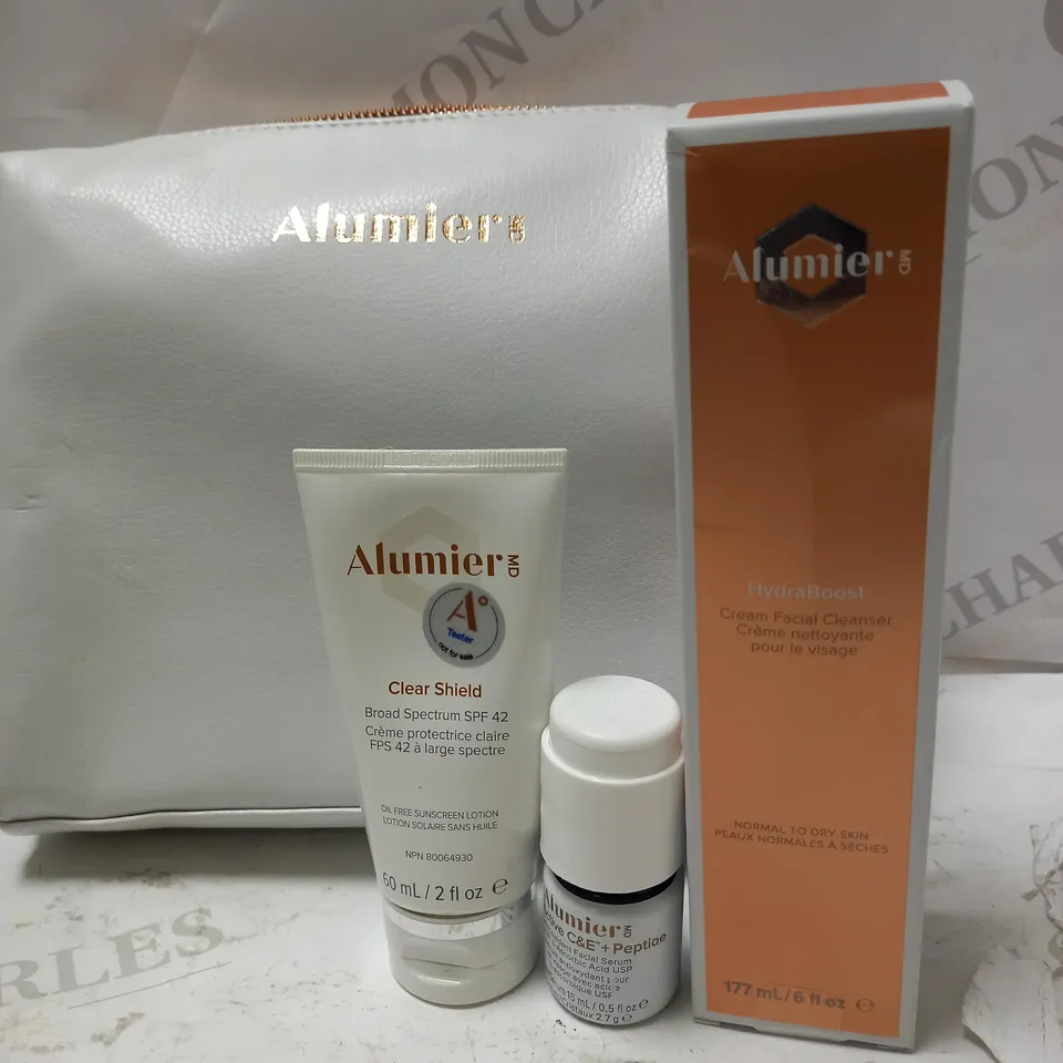 LOT OF 3 ASSORTED ALUMIER MD PRODUCTS TO INCLUDE HYDRABOOST CREAM CLEANSER 177ML, OIL FREE SUNSCREEN 60ML, EVERACTIVE C&E + PEPTIDE ANTIOXIDANT FAICAL SERUM 15ML