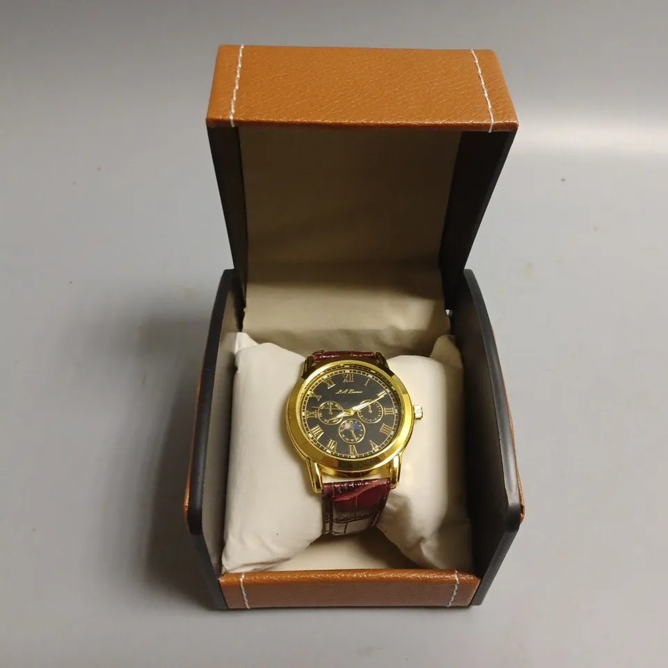 MENS LA BANUS WATCH – GOLD COLOUR CASE – LEATHER STRAP – GIFT BOX