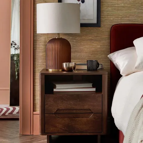 BOXED DANETTI BRYCE DARK MANGO WOOD 2 DRAWER BEDSIDE TABLE
