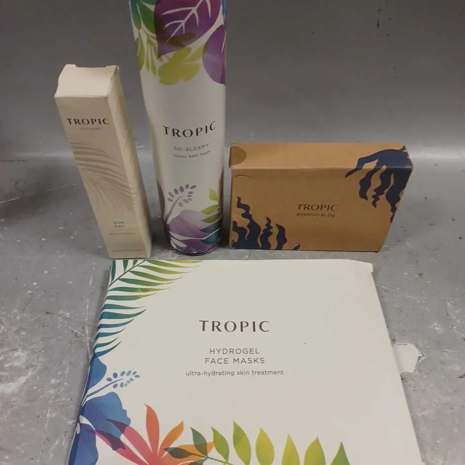 TROPIC SKINCARE LOT OF 4 ASSORTED COSMETIC ITEMS TO INCLUDE - HYDROGEL FACE MASKS - SUN DAY FACIAL UV DEFENCE - SO SLEEPY BATH FOAM - ETC