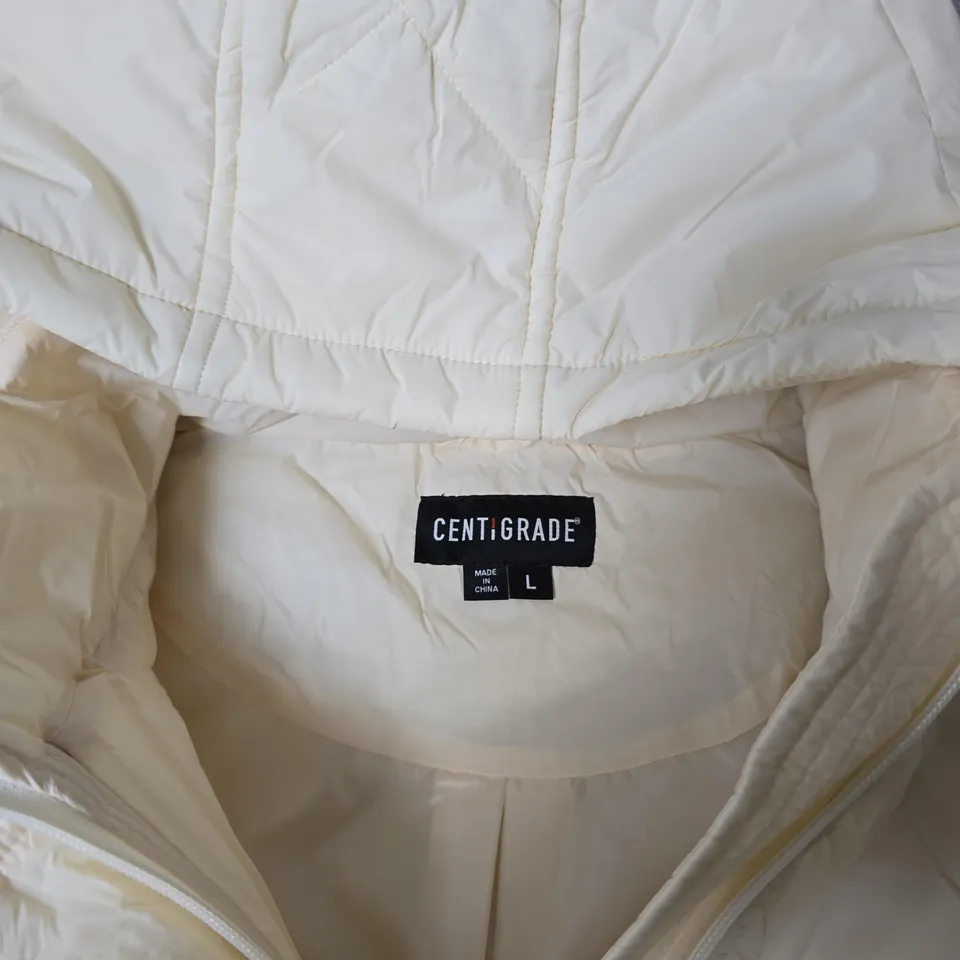 CENTIGRADE CREAM QUILTED SLEEVELESS HOODED PUFFER JACKET – SIZE L