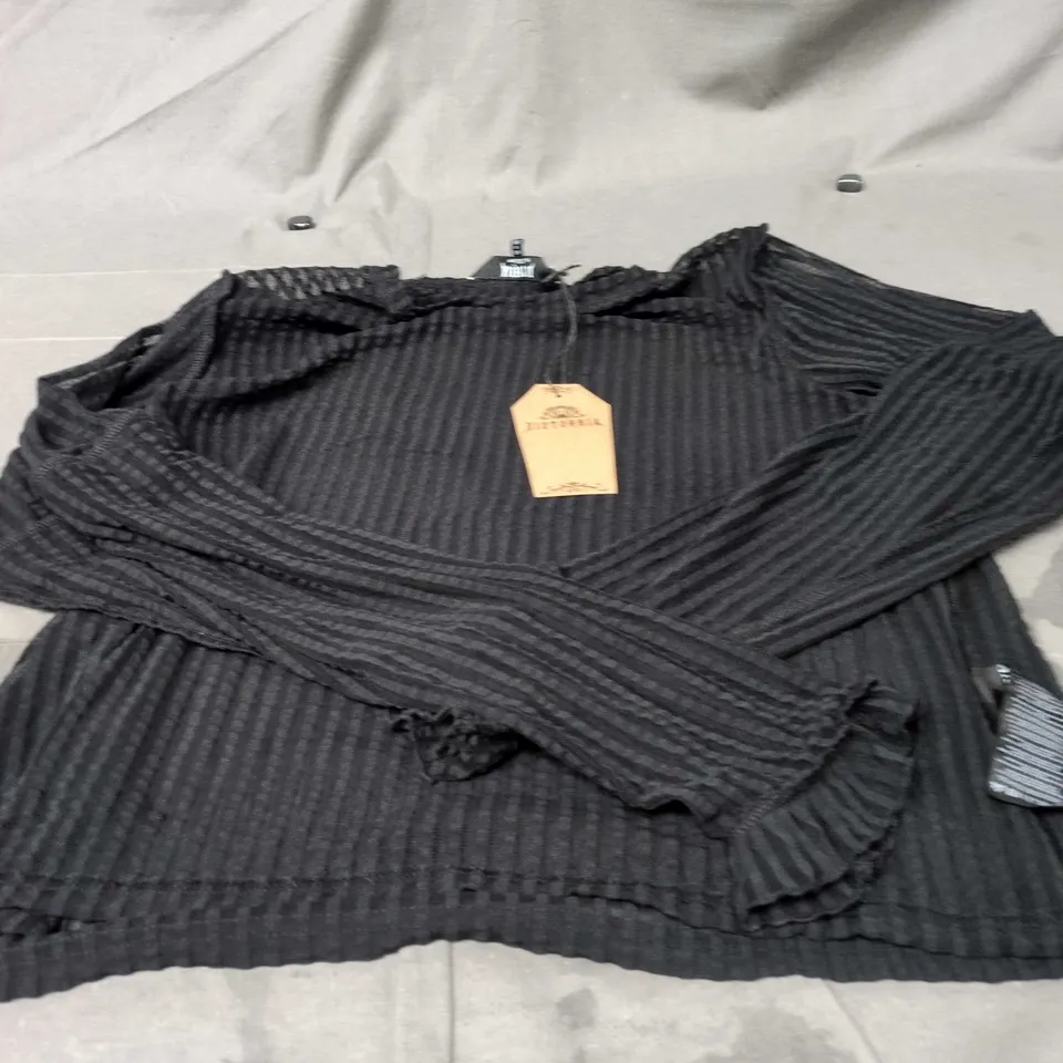 DISTURBIA MOURNING RUFFLE TOP – BLACK STRIPE, UK 20 (US 16 / EU 48)