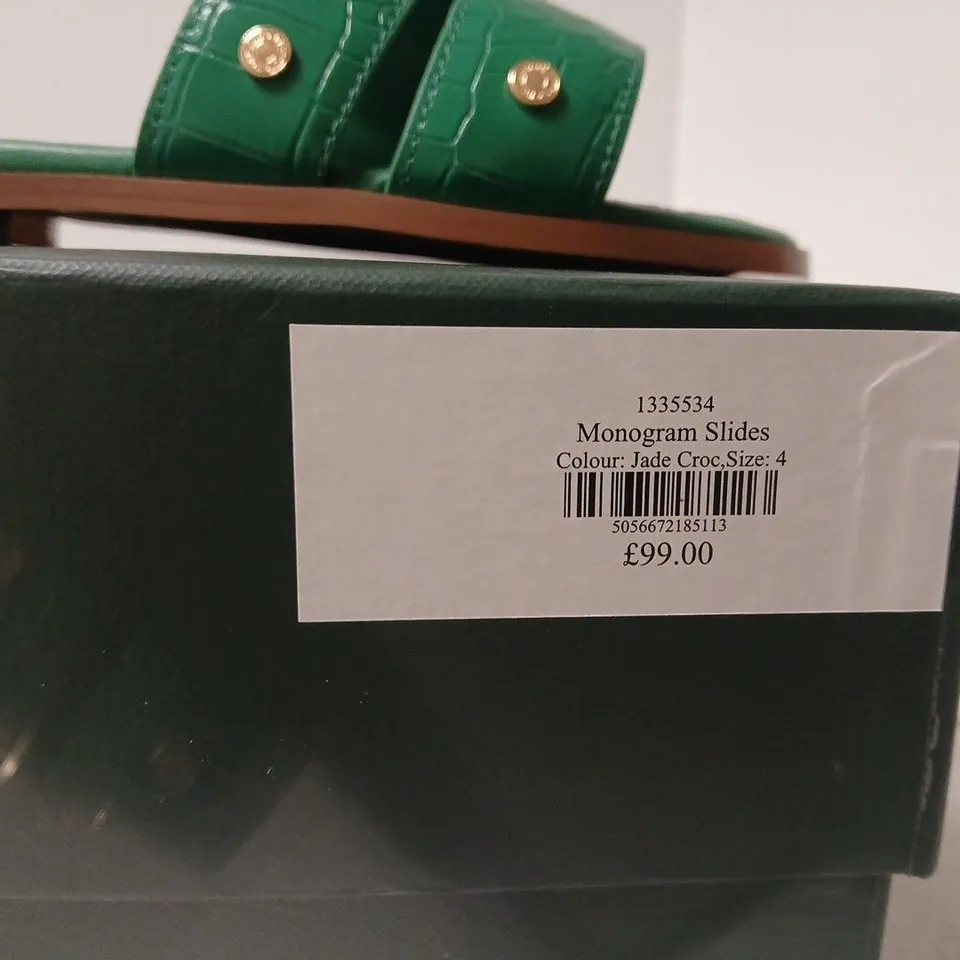 BOXED PAIR OF HOLLAND COOPER MONOGRAM SLIDES JADE CROC – UK 4 