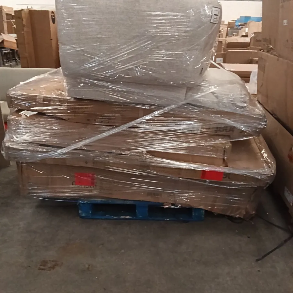 PALLET OF ASSORTED INCOMPLETE FURNITURE ITEMS - DINING TABLE, EXTENDING DINING TABLE, SUPER KING OTTOMAN