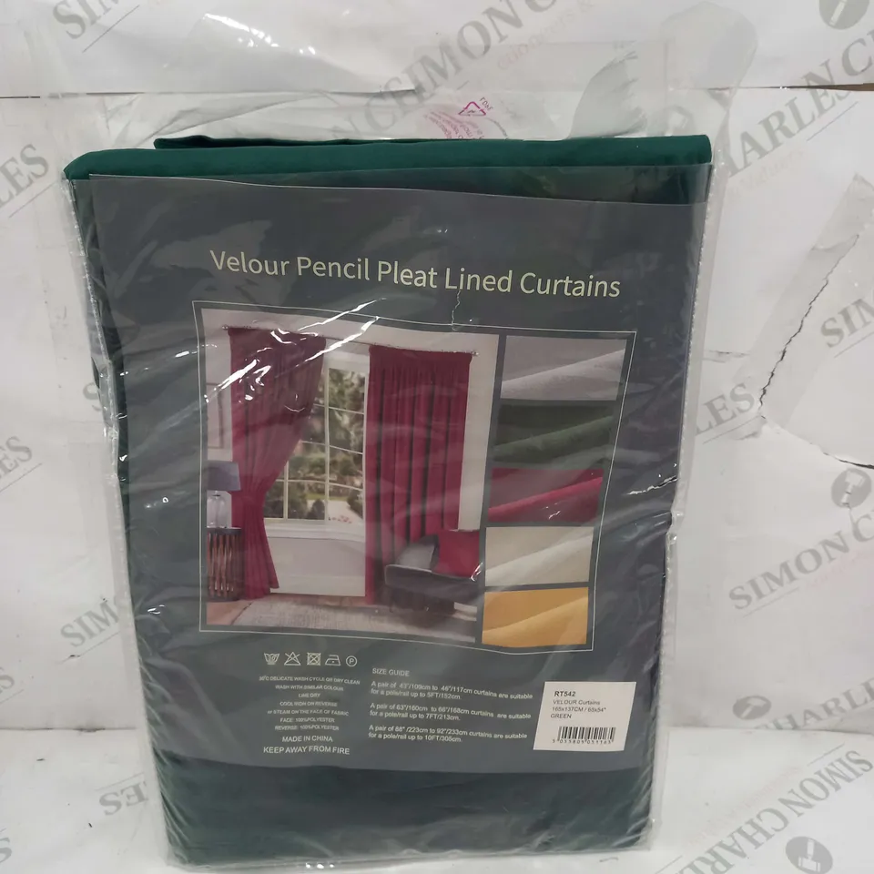 HOME CURTAINS VELOUR PENCIL PLEAT LINED CURTAINS IN GREEN 65X54"