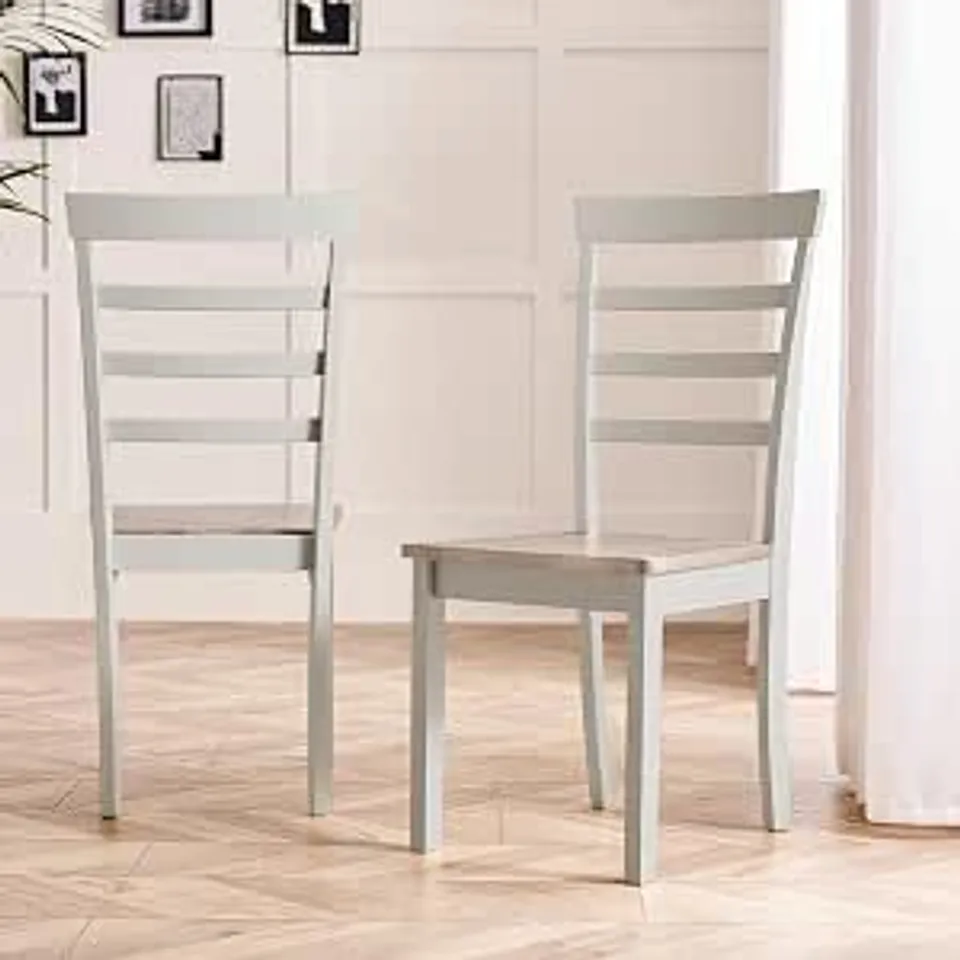 BOXED FURNITUREBOX UK 2X WHITBY WASH AND GREY WOODEN DINING CHAIRS, SOLID RUBBERWOOD, WARM STAINED FINISH, LADDERBACK DESIGN, MODERN MEETS TRADITIONAL FARMHOUSE STYLE, PAIR OF KITCHEN SEATS, WHITE