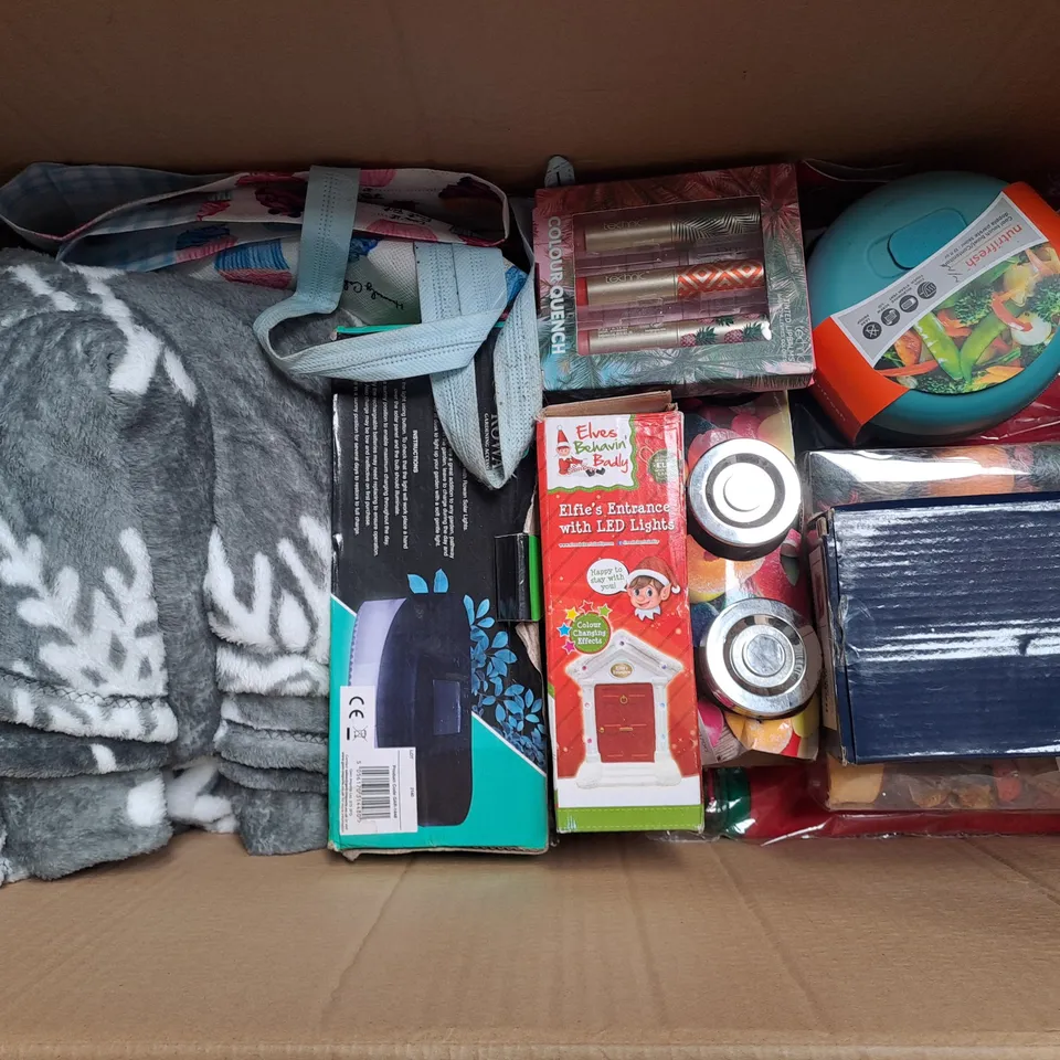 BOX OF ASSORTED HOUSEHOLD ITEMS TOO INCLUDE TOYS , BLANKETS , GLASS TUBS , ETC - COLLECTION ONLY 