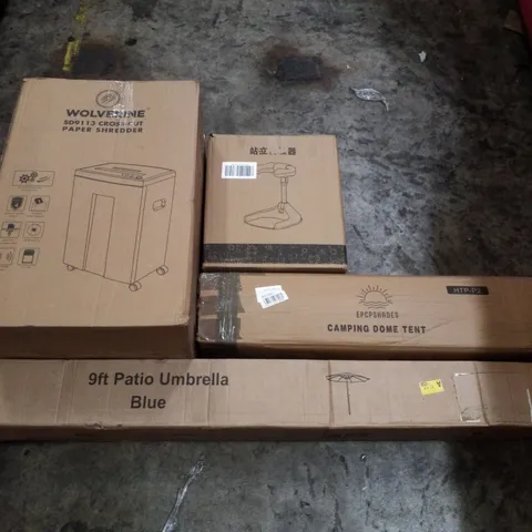 PALLET CONTAINING ASSORTED PRODUCTS INCLUDING WOLVERINE PAPER SHREDDER, 9FT PATIO UMBRELLA BLUE, CAMPING DOME TENT & BABY BATHTUB WITH SHOWER STAND