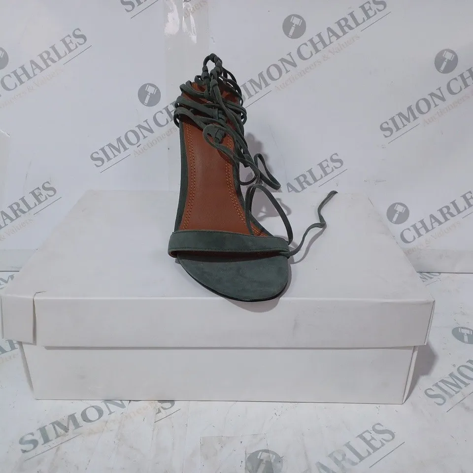 BOXED PAIR OF REISS ZHANE STRAPPY SUEDE HEELS IN GREEN SIZE 6