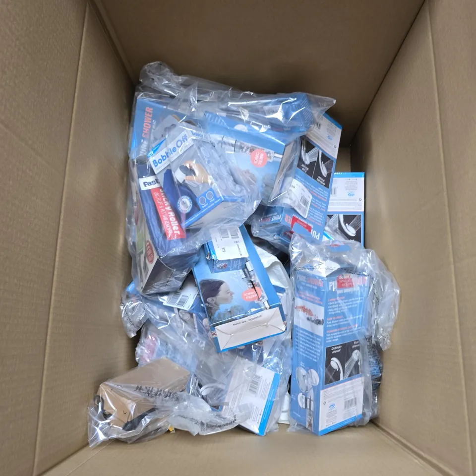 BOX OF APPROXIMATELY 12 ASSORTED ITEMS INCLUDING PURE SHOWER ICONIC SHOWER HEAD AND FAST FIT STICKY ROLLER