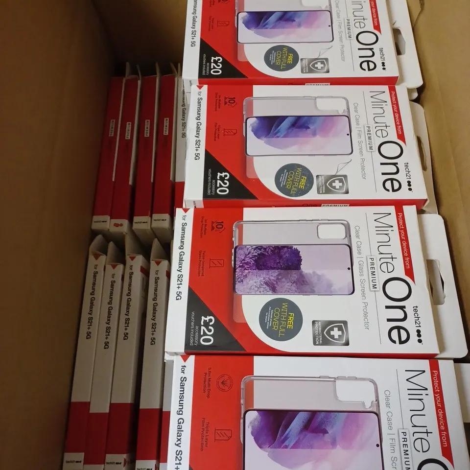 LOT OF APPROX. 96 BRAND NEW TECH21 MINUTE ONE PREMIUM CLEAR CASE FILM SCREEN PROTECTOR WITH 3M MULTIPLE DROP PROTECTION AND TRIPLE LAYER FILM PROTECTION FOR SAMSUNG GALAXY S21+ 5G