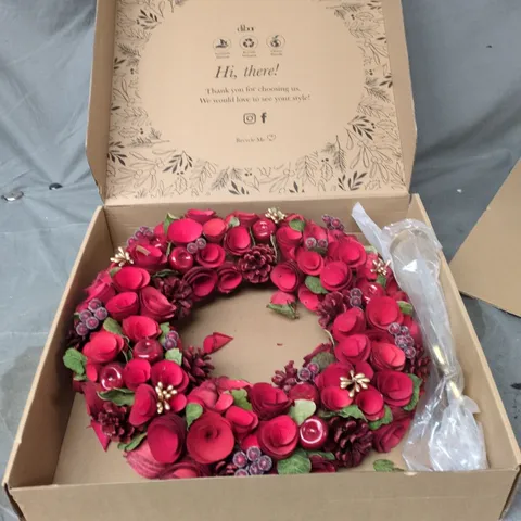 DIBOR HANDMADE RED ARTIFICIAL FLOWER WREATH IN GIFT BOX – HOME DECOR