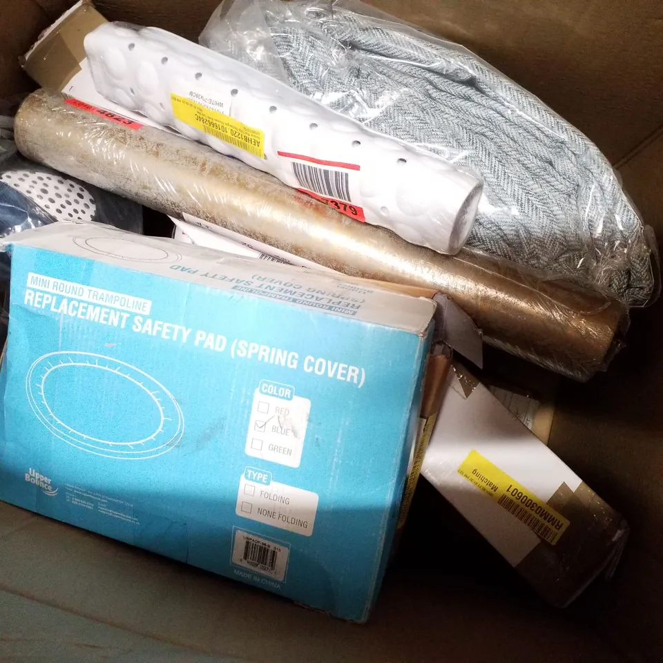 BOX CONTAINING ASSORTED PRODUCTS INCLUDING 24 PIECE CUTLERY, CURTAINS, BATH MAT, WALLPAPER, TRAMPOLINE REPLACEMENT SAFETY PADS