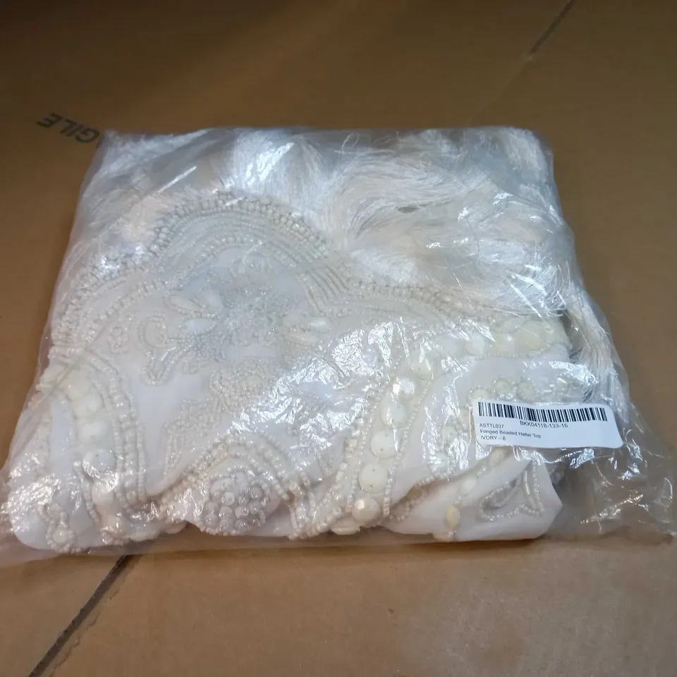 PACKAGED KAREN MILLEN IVORY BEADED HALTER TOP - SIZE 8