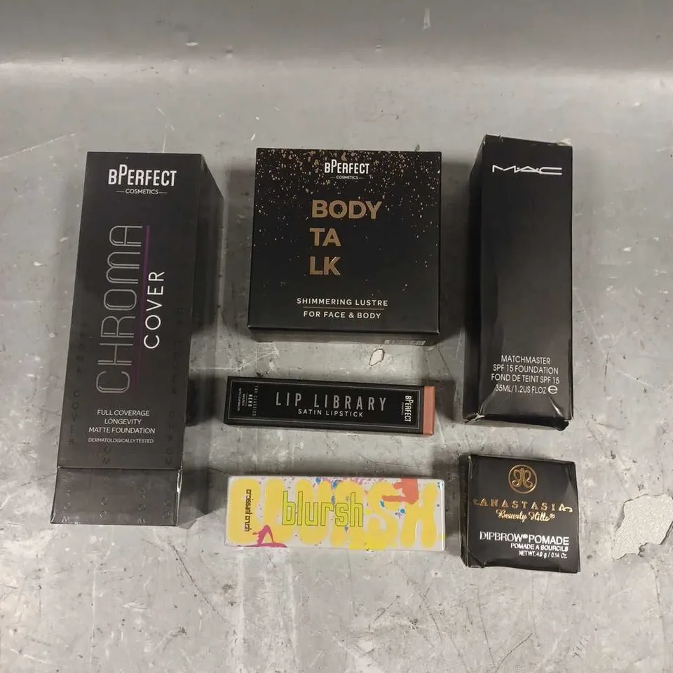 LOT OF 6 ASSORTED COSMETIC PRODUCTS TO INCLUDE - MADE BY MITCHELL BLURSH IN CROISSANT CRUSH - BERFECT SHIMMERING LUSTRE - MAC FOUNDATION IN NC40 - ETC