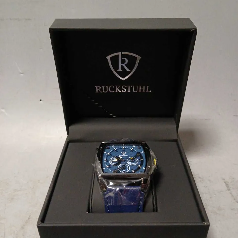 RUCKSTUHL R300 CHRONOGRAPH WATCH – BLUE MULTI FUNCTION DIAL – BLACK CASE -3ATM WATER RESISTANT – GENUINE LEATHER STRAP