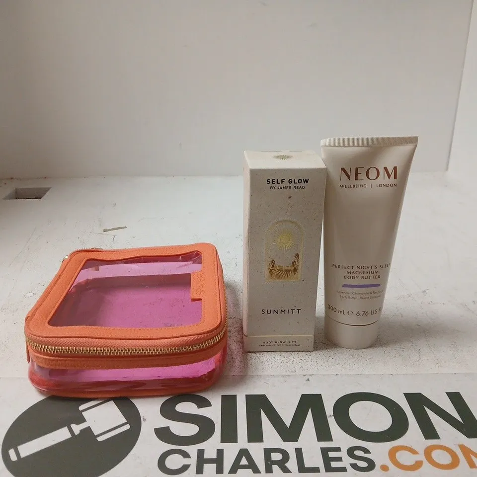 2 ITEM SET IN MAKE UP BAG: NEOM PERFECT NIGHTS SLEEP MAGNESIUM BODY BUTTER + SELF GLOW BY JAMES READ SUNMITT BODY GLOW MITT