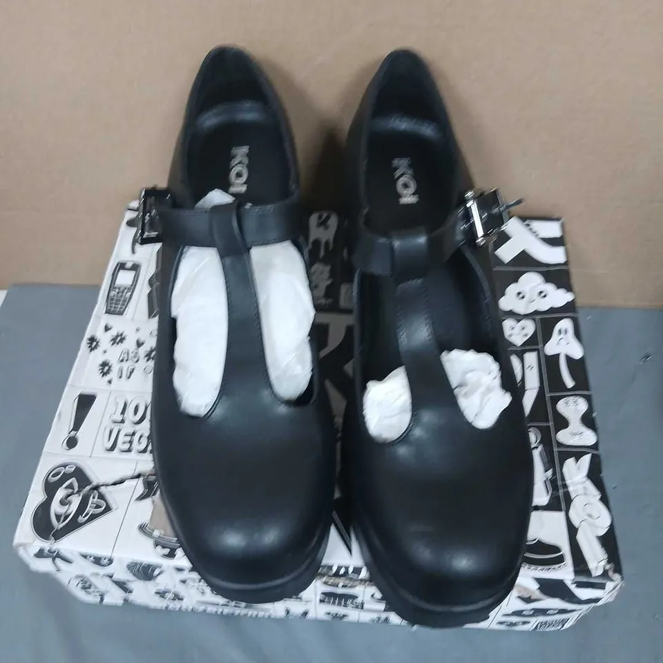 KOI VEGAN LEATHER EDITION PLATFORM MARY JANE SHOES – BLACK PU WITH GUNMETAL BUCKLE, UK 10
