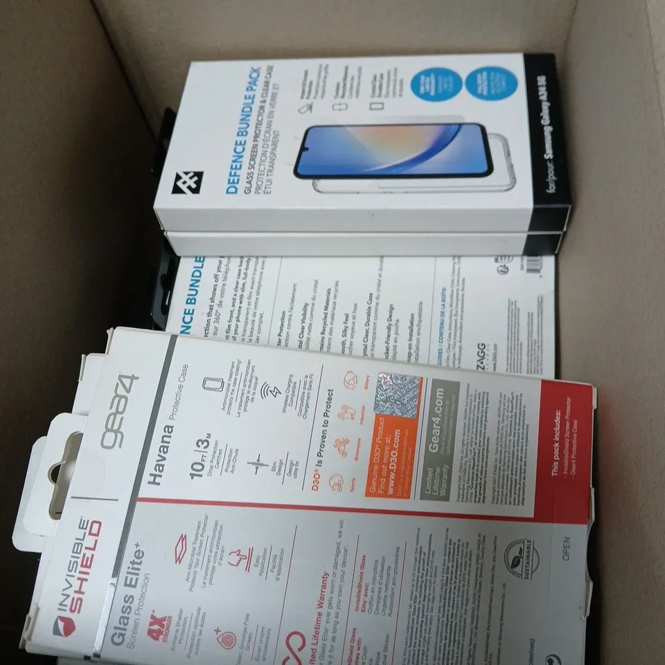 BOX OF APPROXIMATELY 15 ASSORTED PHONE CASES INCLUDING GEAR4 DEFENCE BUNDLE PACK FOR SAMSUNG GALAXY A54 5G & A52 5G – GLASS SCREEN PROTECTOR + CLEAR CASE (BOXED)