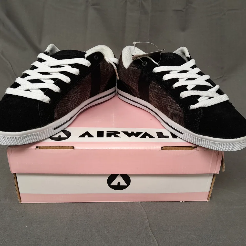 BOX OF APPROXIMATELY 10 BOXED PAIRS OF AIR WALK TRAINERS IN BLACK/PLAID/WHITE - VARIOUS SIZES
