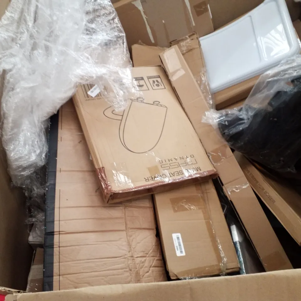 PALLET OF ASSORTED PRODUCTS INCLUDING ERGONOMIC CHAIR, CHAIR MAT, RAISED DOG BED, TOILET SEATS, WALL CLOCK