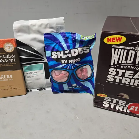 APPROXIMATELY 10 ASSORTED FOOD ITEMS TO INCLUDE - SHADES , WILD WEST STEAK STRIPS ETC