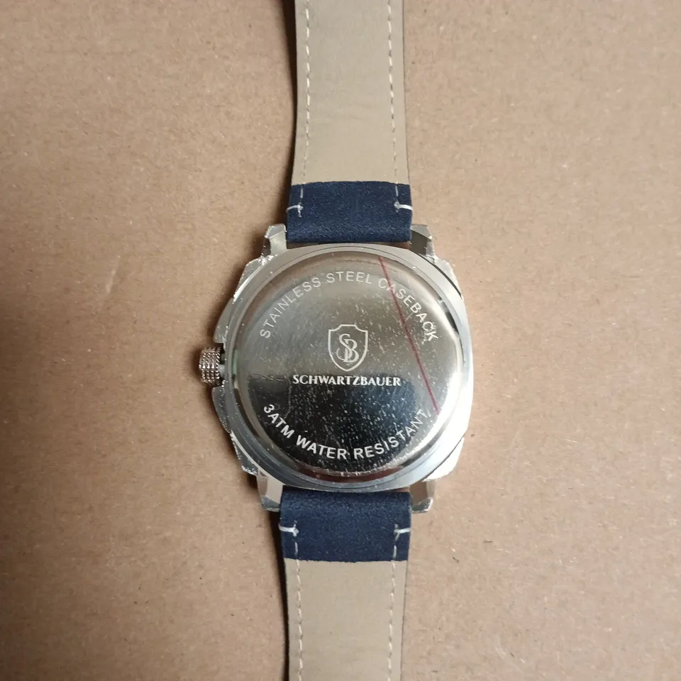 BOXED SCHWARTZBAUER STAINLESS STEEL QUARTZ WRISTWATCH – BLUE DIAL, NAVY LEATHER STRAP