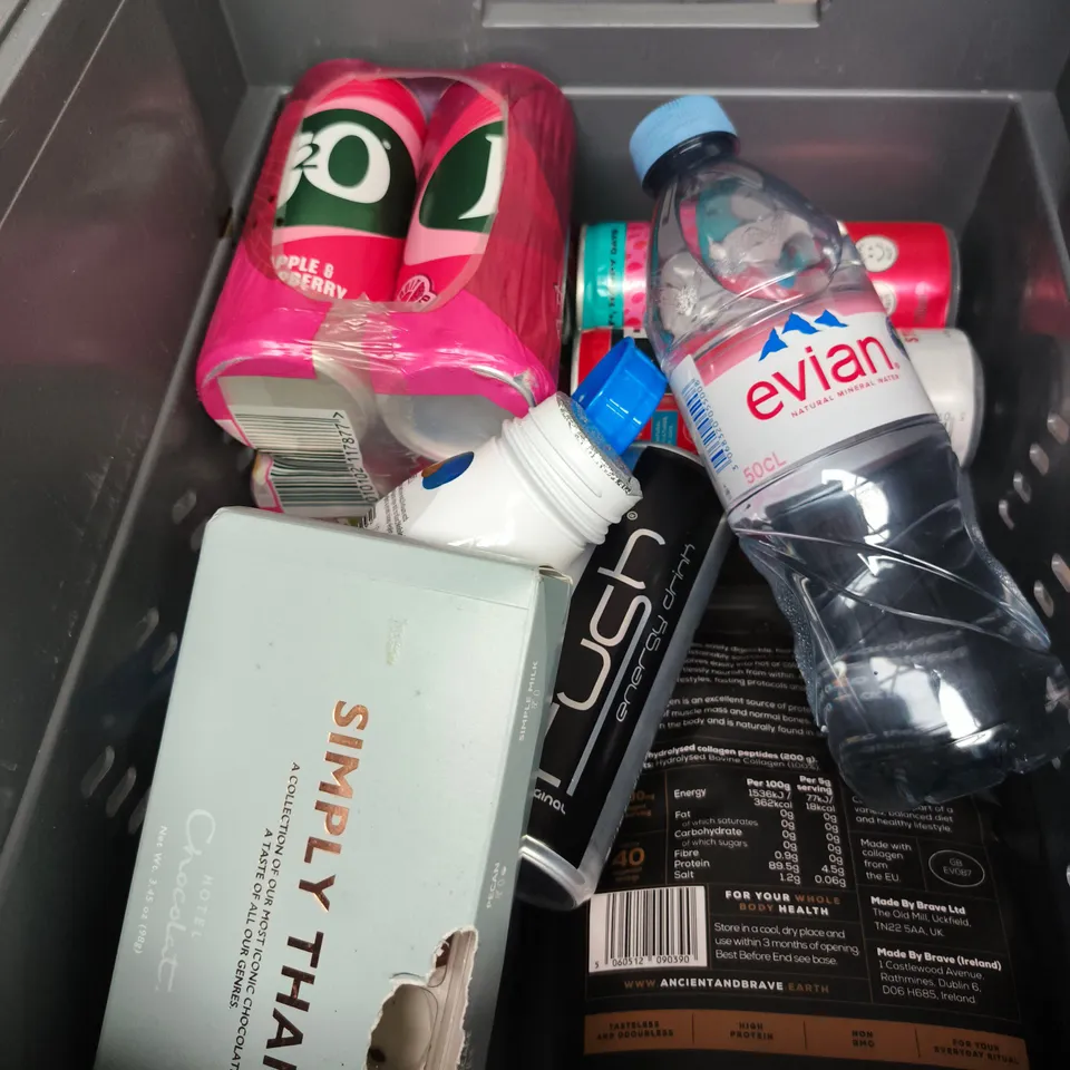 APPROXIMATELY 10 ASSORTED FOOD ITEMS INCLUDING TRIP CBD INFUSED SPARKLING WATER AND SIMPLY THANKS CHOCOLATE 