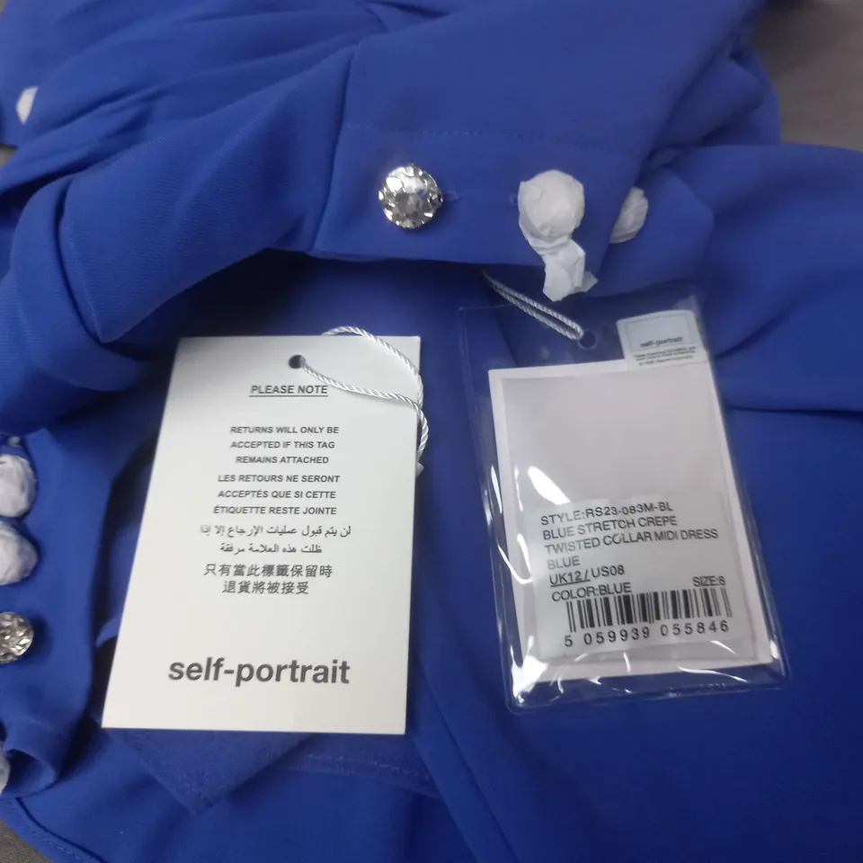 SELF PORTRAIT BLUE STRETCH CREPE TWISTED COLLAR MIDI DRESS - UK 12