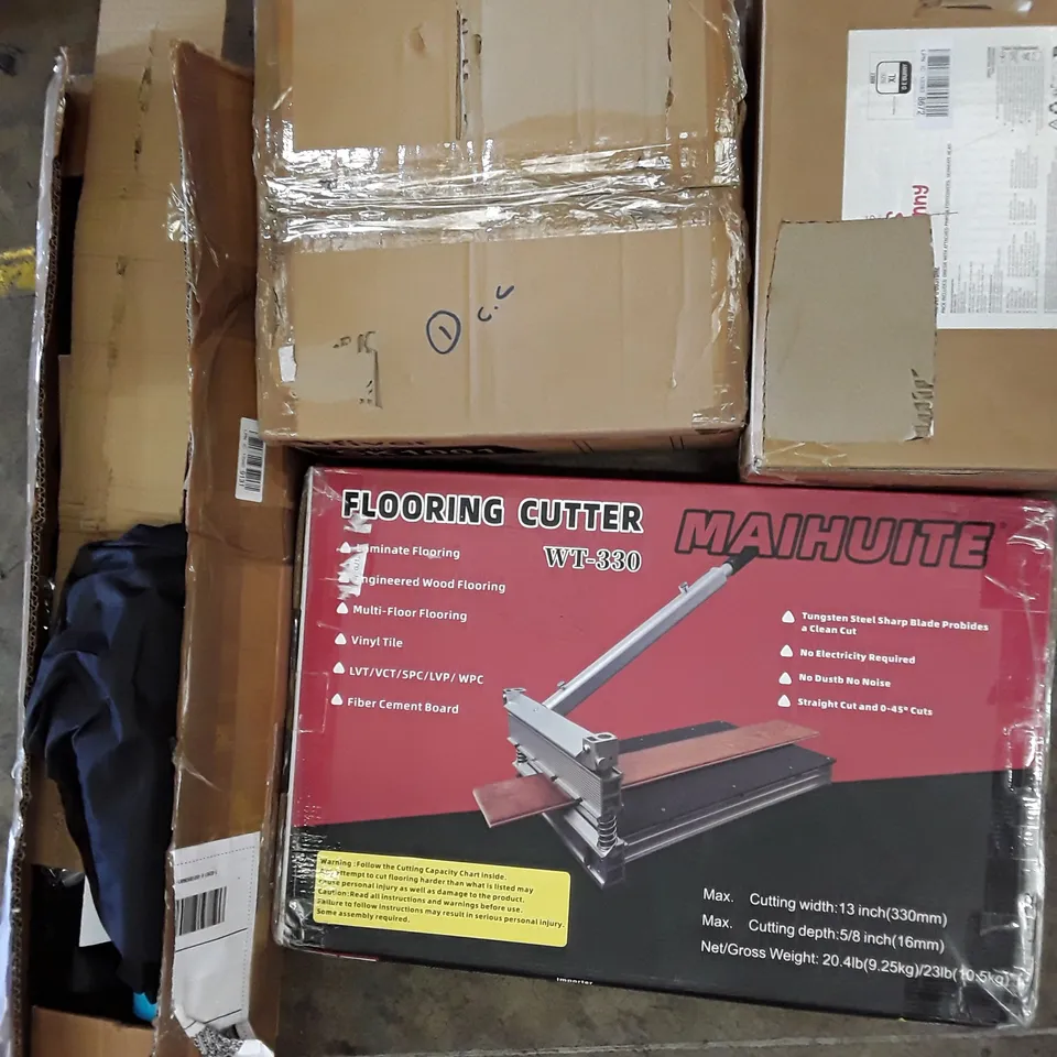 PALLET TO CONTAIN AN ASSORTMENT OF HOUSEHOLD ITEMS TO INCLUDE ADULT COSTUMES, PHOTO STUDIO BOX, TV STAND AND VINYL FLOOR CUTTER ECT
