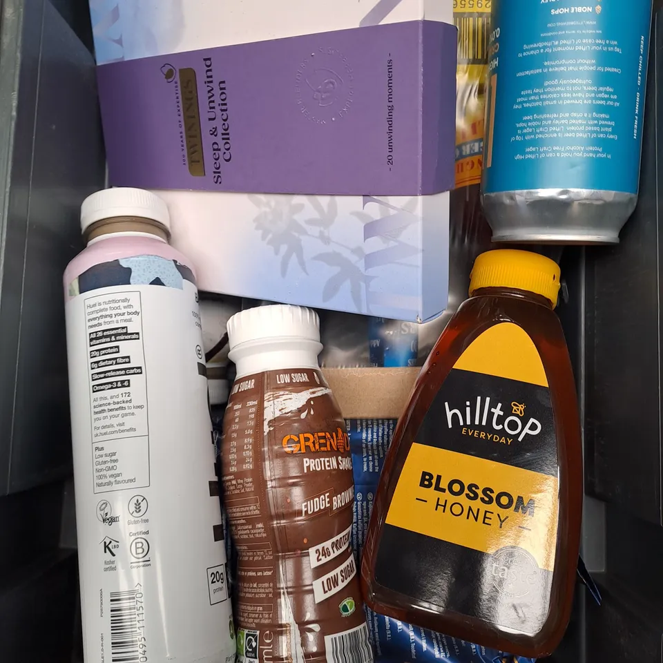 BOX OF APPROXIMATELY 10ITEMS TO INCLUDE BLOSSOM HONEY, HUEL DRINK, GENADE PROTEIN SHAKE ETC