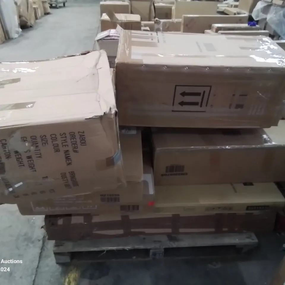 PALLET CONTAINING VARIOUS INCOMPLETE BOXED FURNITURE PARTS AND OTHER HOUSEHOLD ITEMS ETC.