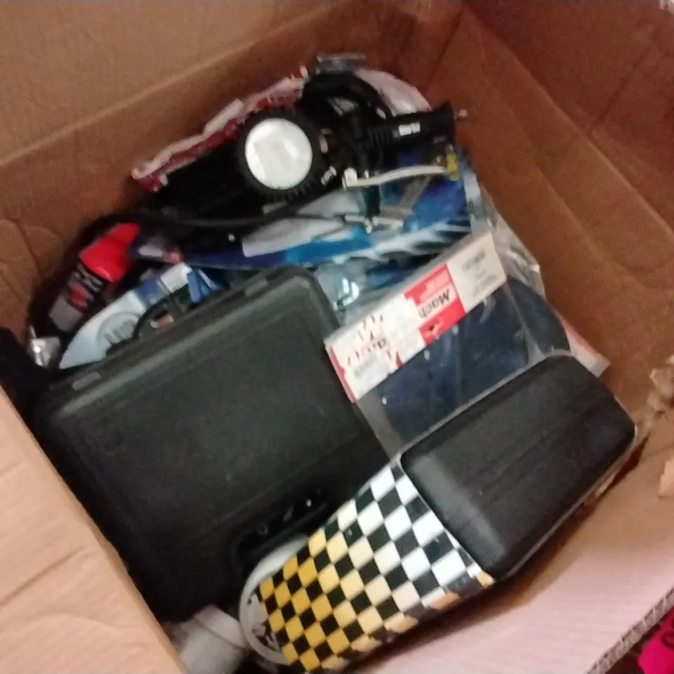 BOX TO CONTAIN ASSORTED TOOLS AND PRODUCTS TO INCLUDE;CLARKE HEAT GUN,CLARKE SANDBLAST KIT,LONG NOZZLE BLOW GUN,ETC