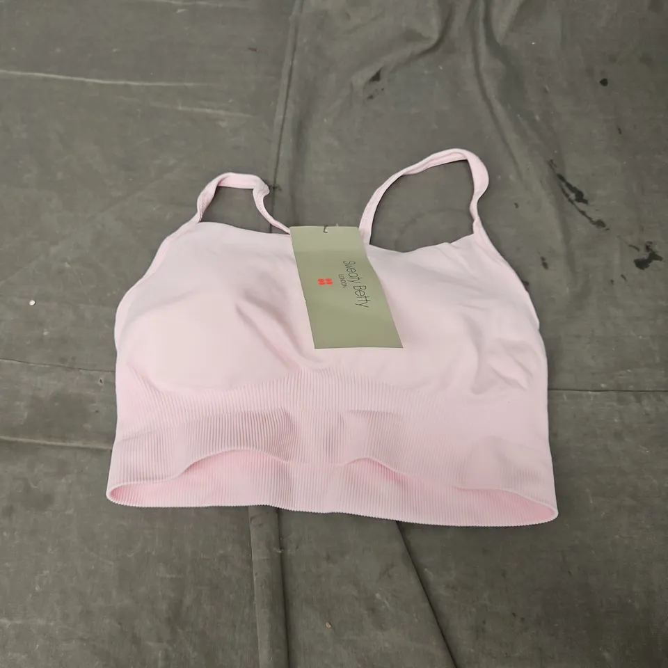 SWEATY BETTY SPIRIT RESTORED SEAMLESS YOGA BRA IN NERINE PINK SIZE S