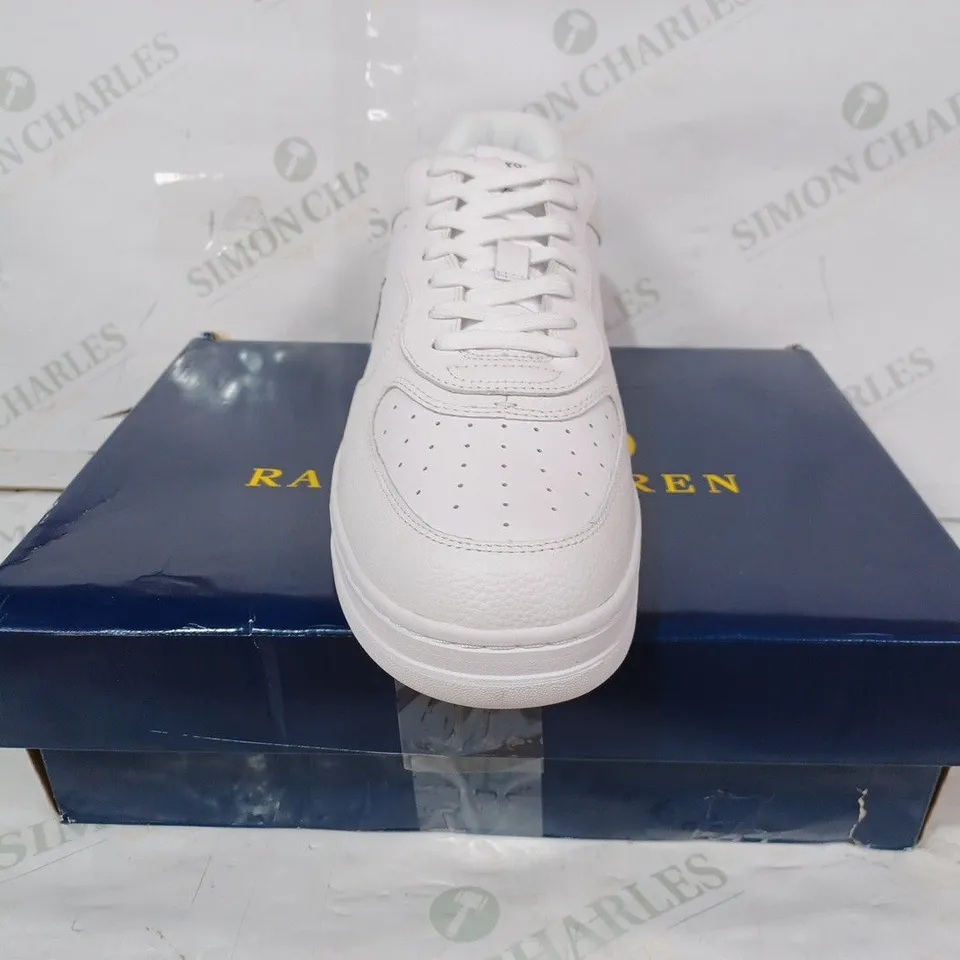 BOXED PAIR OF RALPH LAUREN POLO SHOES IN WHITE/BLACK UK SIZE 10