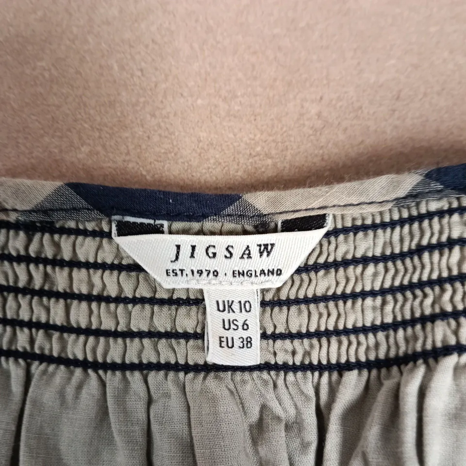 JIGSAW BEIGE & NAVY GINGHAM WRAP DRESS, UK 10 (US 6, EU 38)