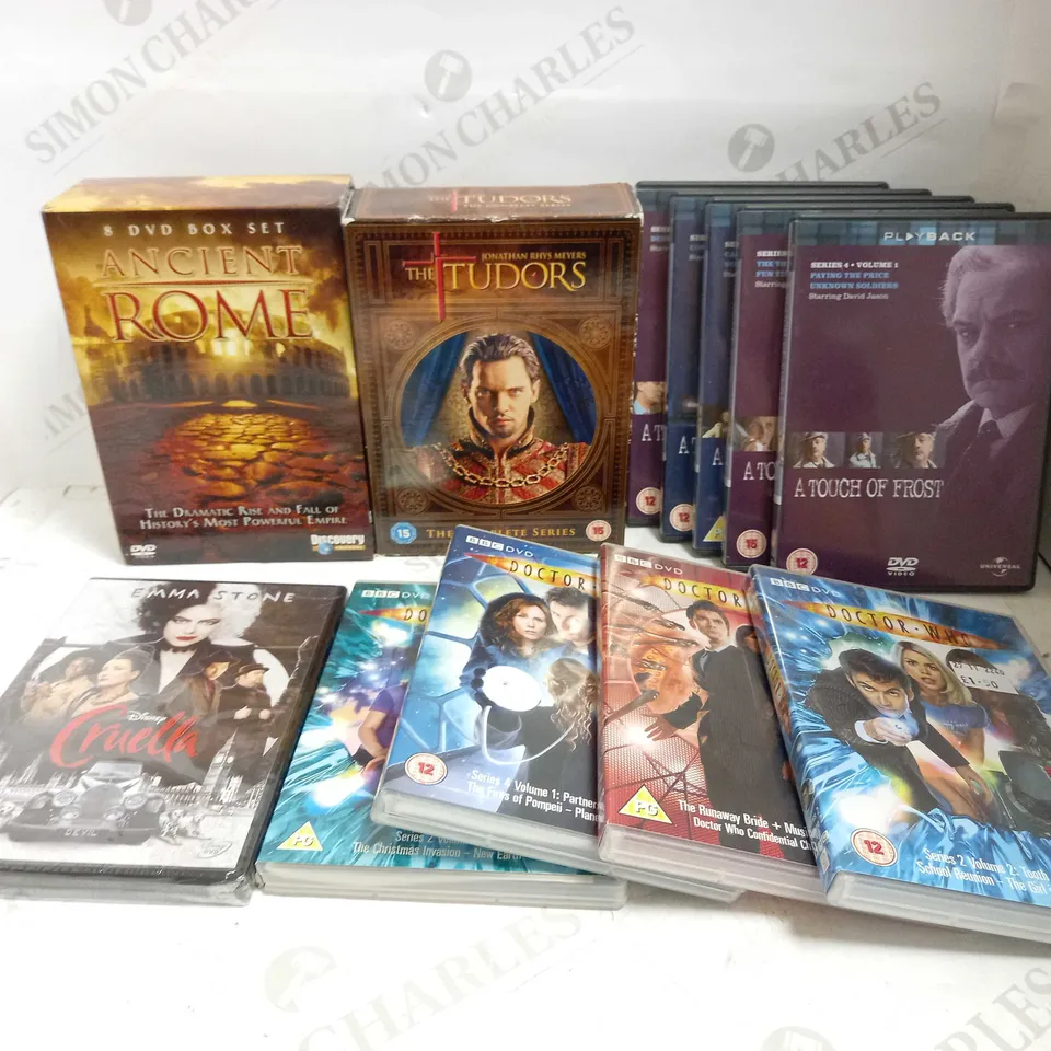 LOT OF APPROXIMATELY 15 DVDS, TO INCLUDE THE TUDORS, DOCTOR WHO, CRUELLA, ETC