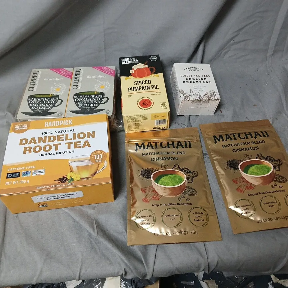 APPROXIMATELY 6 ASSORTED TEAS INCLUDING  – DANDELION ROOT TEA BOX PLUS MATCHA CHAI BLEND SACHETS