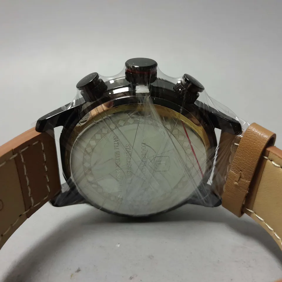 MENS LOUIS LACOMBE CHRONGRAPH WATCH – 3 SUB DIALS – BLACK CASE – LEATHER STRAP