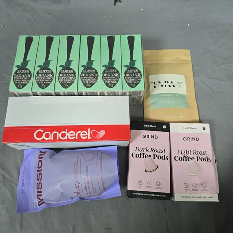 LOT OF ASSORTED TEA AND COFFEE ITEMS TO INCLUDE CLIPPER PEPPERMINT TEA AND THE MOSS WAY HERBAL TEA