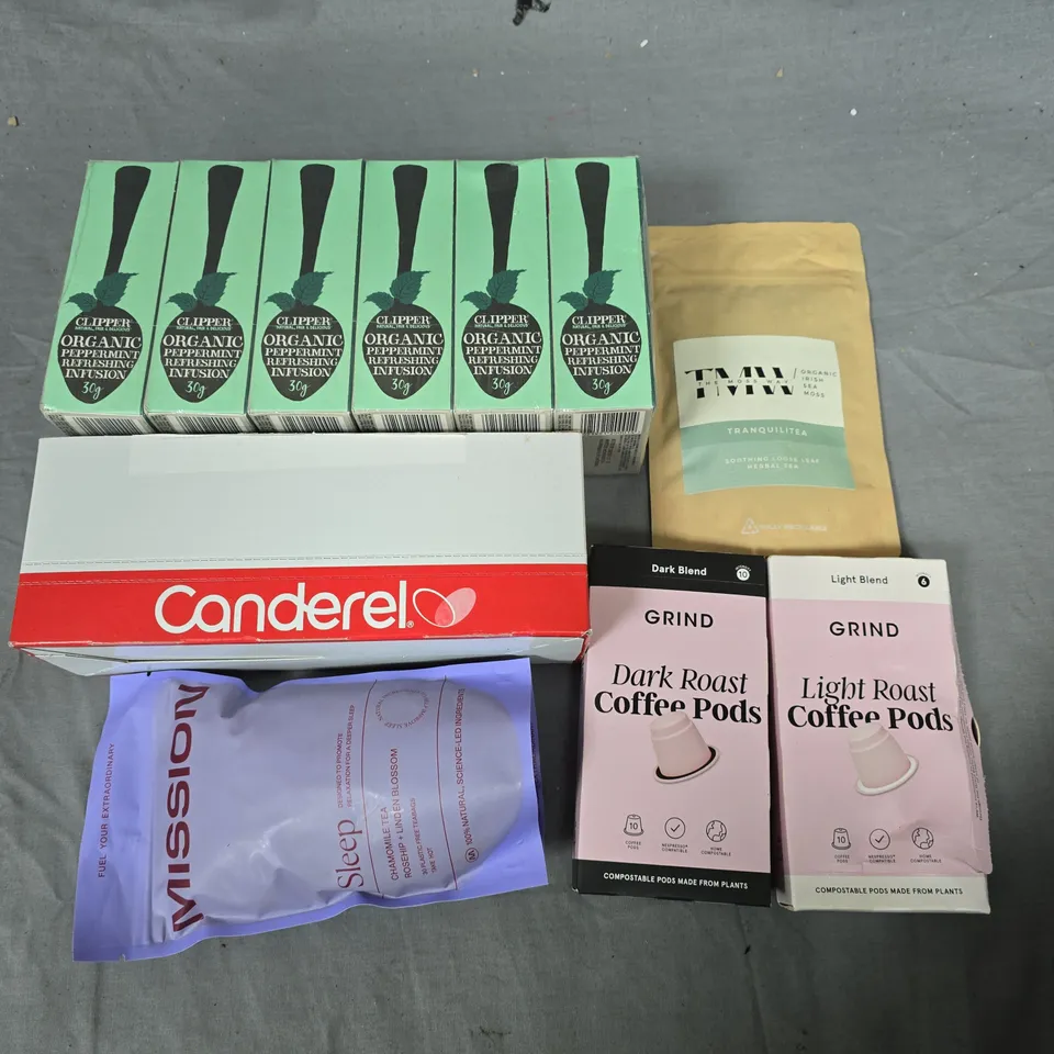 LOT OF ASSORTED TEA AND COFFEE ITEMS TO INCLUDE CLIPPER PEPPERMINT TEA AND THE MOSS WAY HERBAL TEA