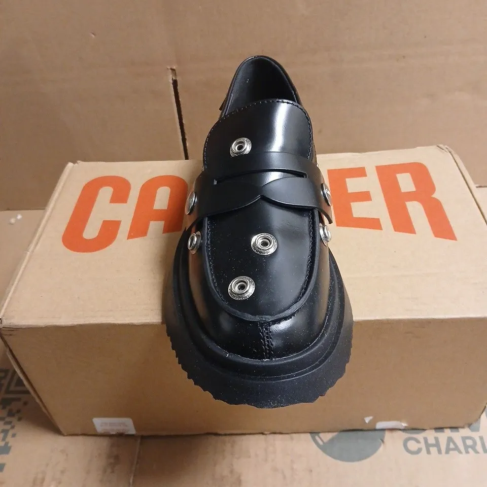 CAMPER BLACK LEATHER LOAFERS WITH METAL EYELET EMBELLISHMENTS, PLATFORM SOLE BOXED SIZE 36