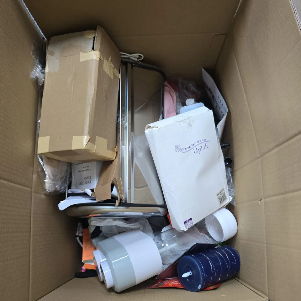 BOX OF APPROXIMATELY 15 ASSORTED ITEMS INCLUDING GLOWLIFE FACE SERUM , ELECTRIC CANDLE LIGHT AND COMFORTISSE UPLIFT BRA