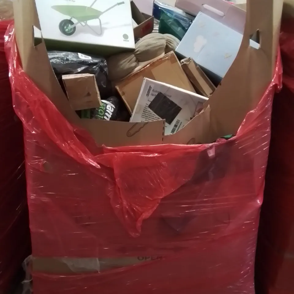 PALLET CONTAINING VARIOUS ASSORTED BOXED HOUSEHOLD ITEMS TO INCLUDE: KNITTING MACHINES, REALISTIC BABY DOLL, HOT TUB HEAT RETENTION COVER, MI I WHEELBARROW, AND LOTS MORE UNMARKED BOXED ITEMS 