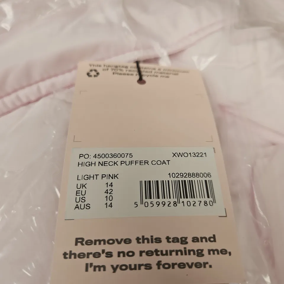 MISSGUIDED HIGH NECK PUFFER COAT - LIGHT PINK, UK 14