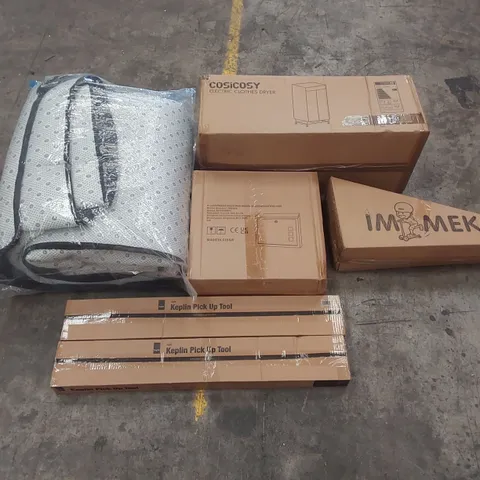 PALLET OF ASSORTED ITEMS INCLUDING: ELECTRIC CLOTHES DRYER, WALL MOUNTED POST BOX, KIDS SCOOTER, KEPLIN PICK UP TOOLS, LARGE RUG ECT