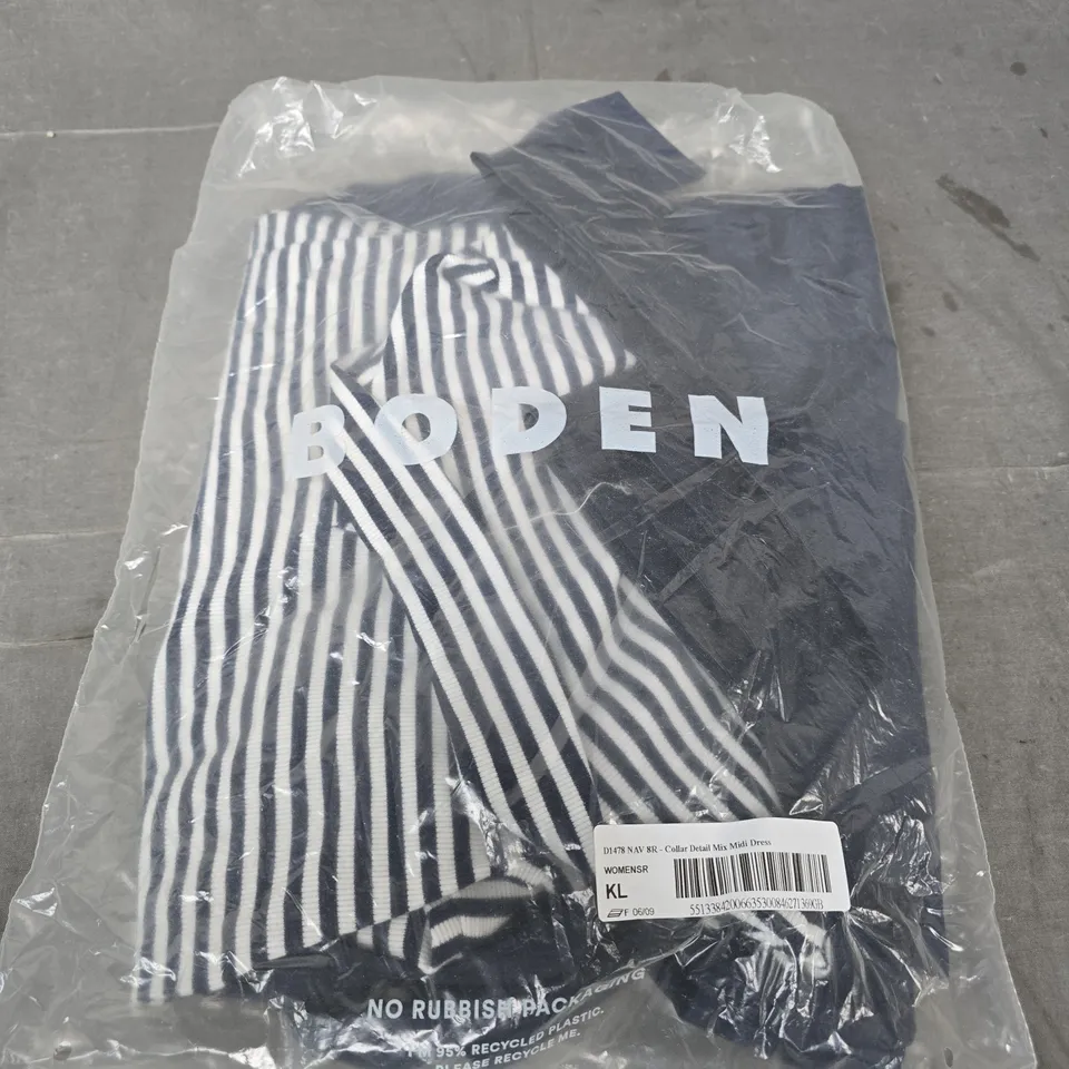 BODEN COLLAR DETAIL MIX MIDI DRESS – NAVY STRIPE, UK 8R