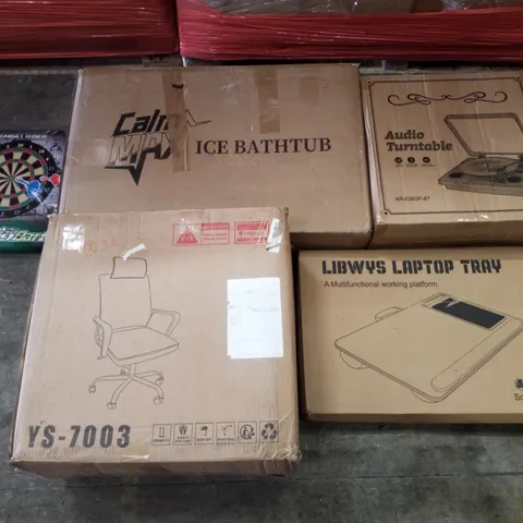 PALLET CONTAINING ASSORTED PRODUCTS INCLUDING ICE BATHTUB, AUDIO TURNTABLE, CRAZY DART TARGET, OFFICE CHAIR & LAPTOP TRAY