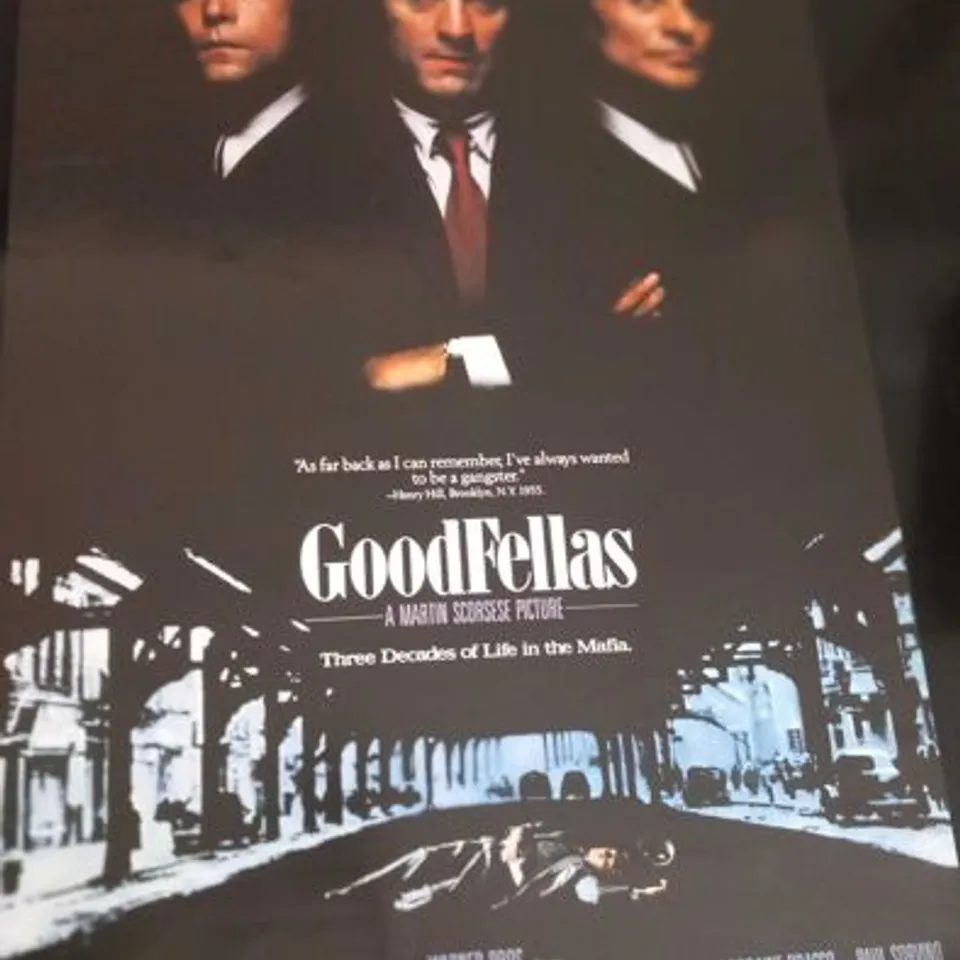 FOUR ASSORTED LARGE FILM POSTERS TO INCLUDE; PULP FICTION, GOODFELLAS, SCARFACE AND THE GODFATHER