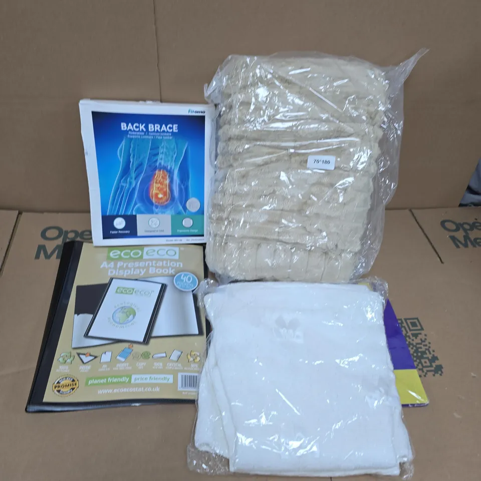 APPROXIMATELY 15 ASSORTED HOUSEHOLD PRODUCTS TO INCLUDE THROW, BACK BRACE, ECO A4 PRESENTATION DISPLAY BOOK, ETC - COLLECTION ONLY